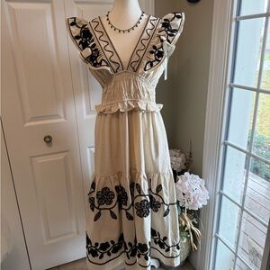 Cream Maxi Dress with Black Floral Design